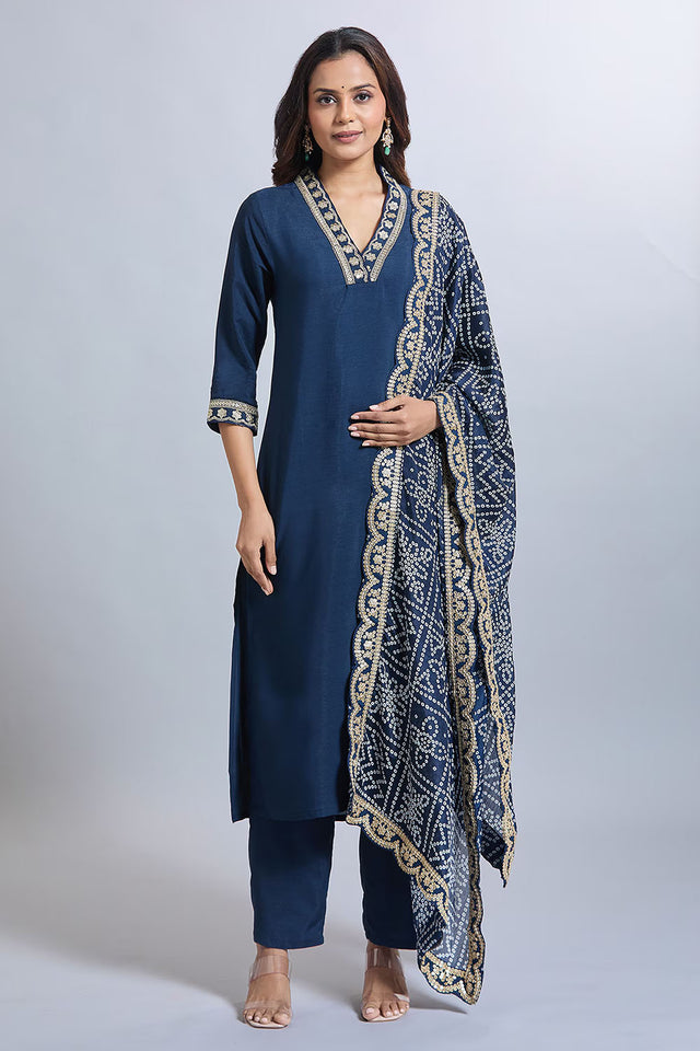 Blue  Solid Silk Kurti Pant Set