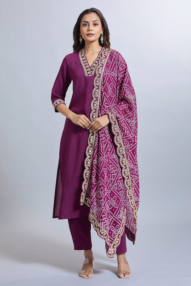 Purple Solid Silk Kurti Pant Set