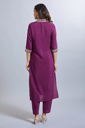 Purple Solid Silk Kurti Pant Set