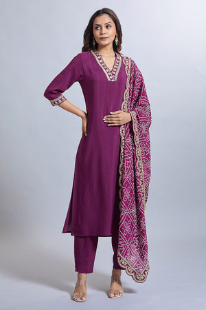 Purple Solid Silk Kurti Pant Set