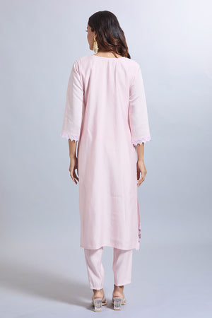 Pink Embroidered Chandheri Kurti Pant Set