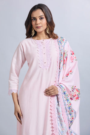 Pink Embroidered Chandheri Kurti Pant Set