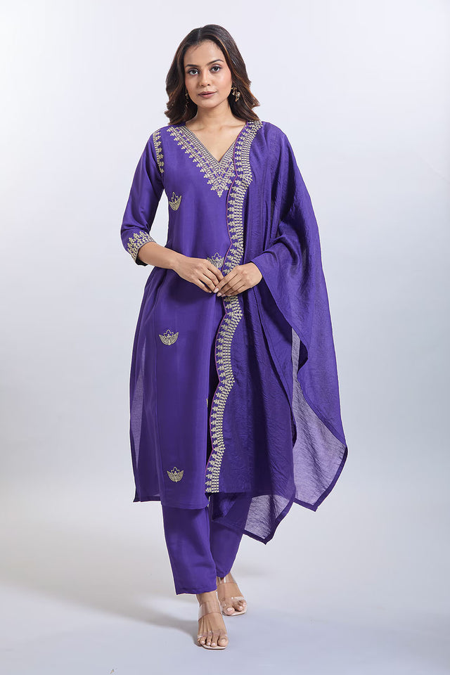 Purple Embroidered Chandheri Kurti Pant Set