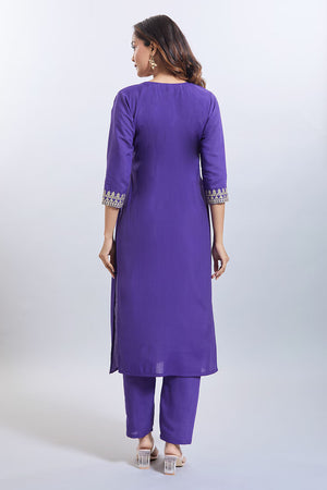 Purple Embroidered Chandheri Kurti Pant Set