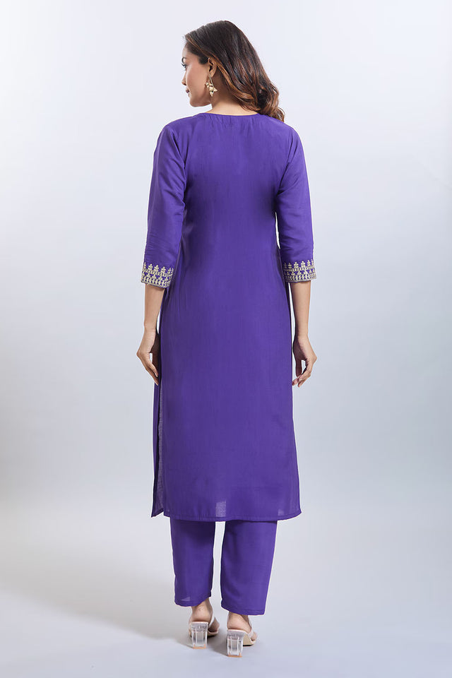 Purple Embroidered Chandheri Kurti Pant Set