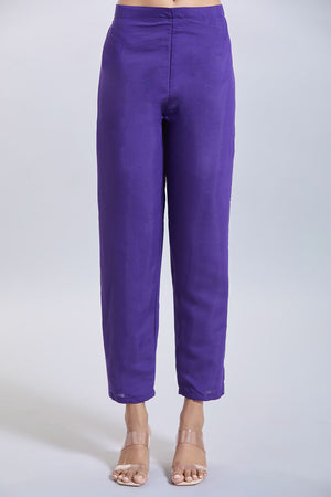 Purple Embroidered Chandheri Kurti Pant Set