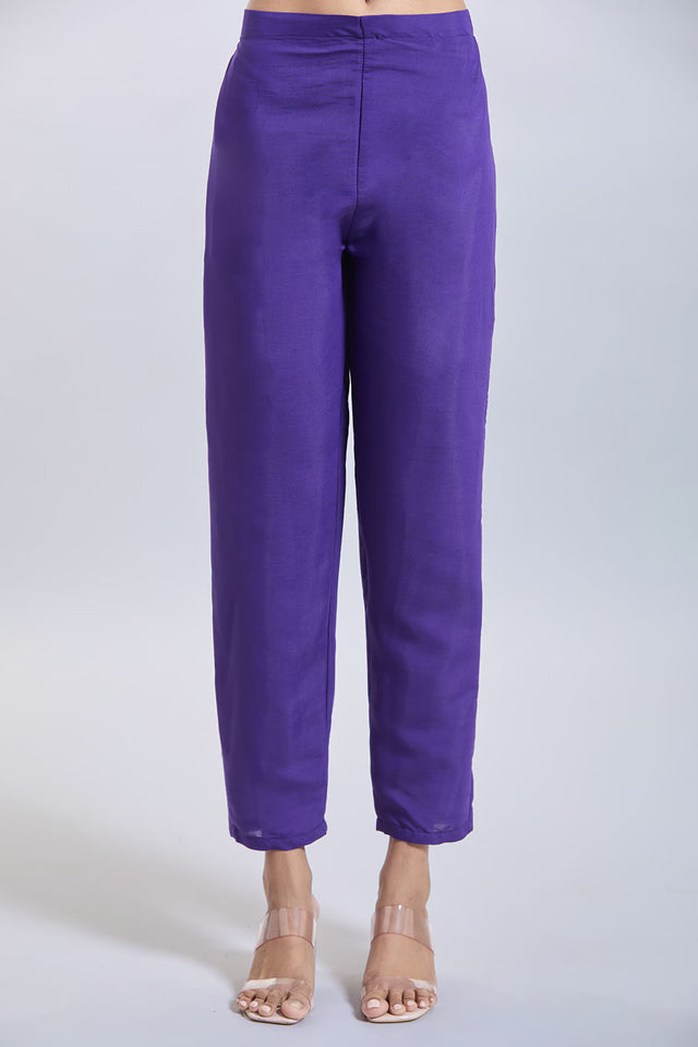 Purple Embroidered Chandheri Kurti Pant Set