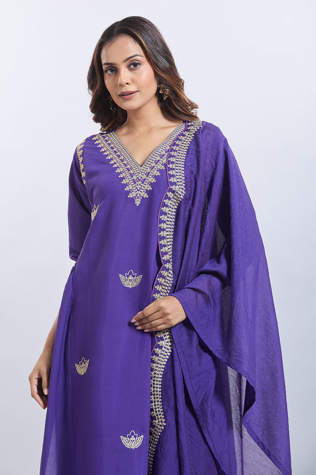 Purple Embroidered Chandheri Kurti Pant Set