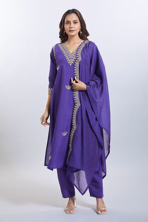 Purple Embroidered Chandheri Kurti Pant Set