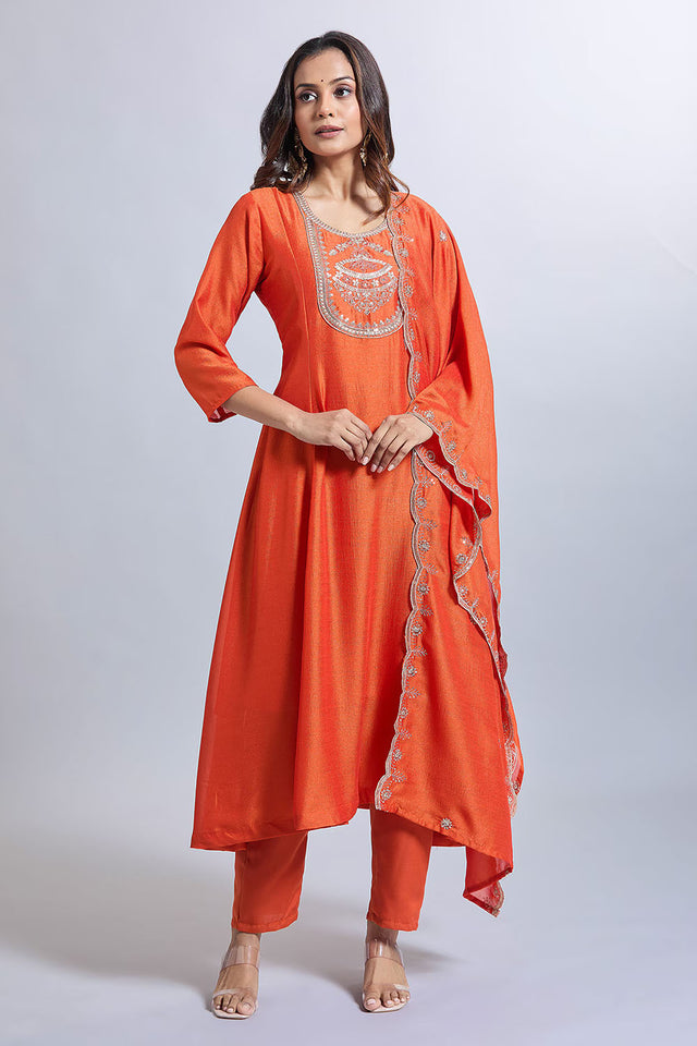 Orange Solid Chandheri Kurti Pant Set