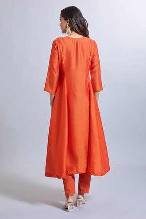 Orange Solid Chandheri Kurti Pant Set