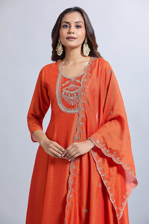 Orange Solid Chandheri Kurti Pant Set