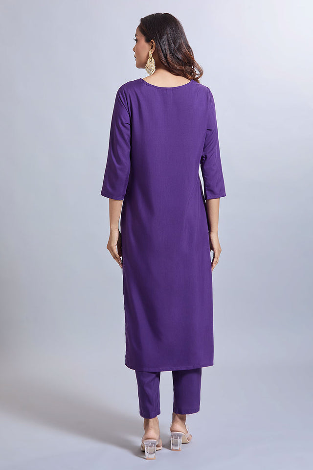 Purple Embroidered Viscose Kurti Pant Set