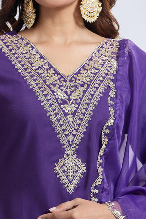 Purple Embroidered Viscose Kurti Pant Set