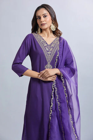 Purple Embroidered Viscose Kurti Pant Set