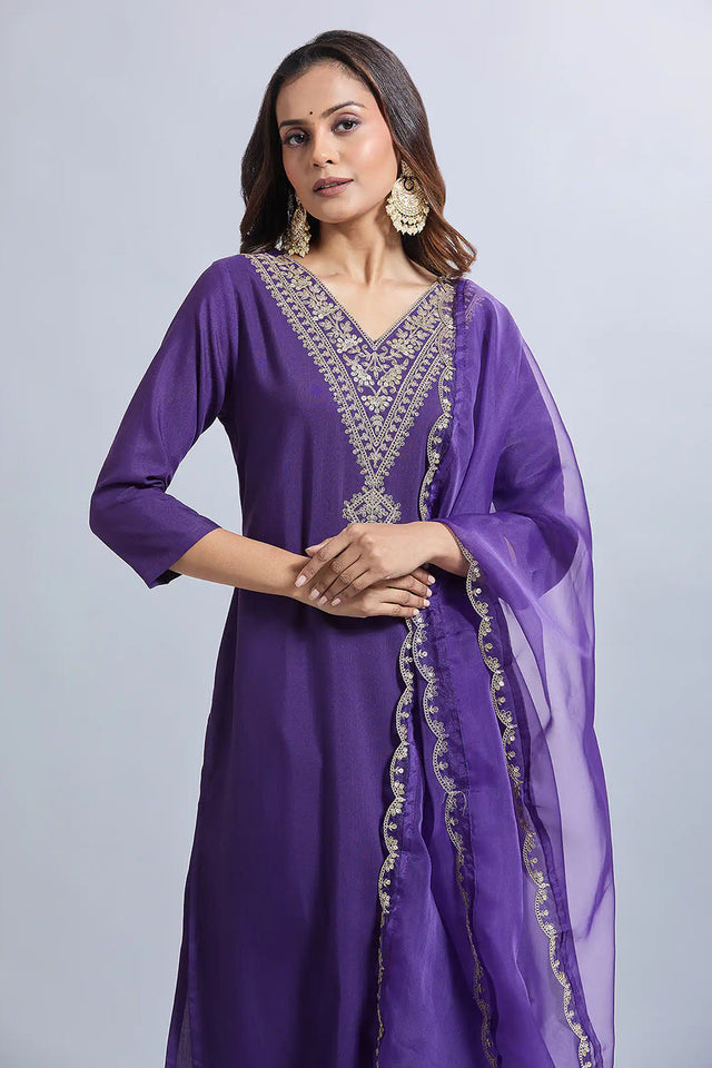 Purple Embroidered Viscose Kurti Pant Set