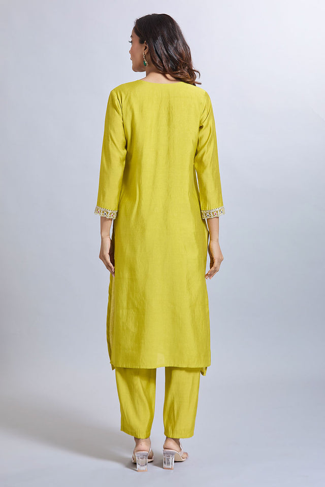 Yellow Embroidered Viscose Kurti Pant Set