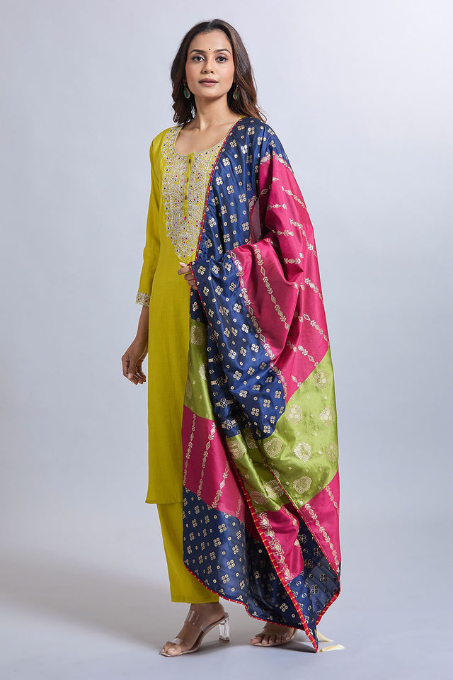 Yellow Embroidered Viscose Kurti Pant Set