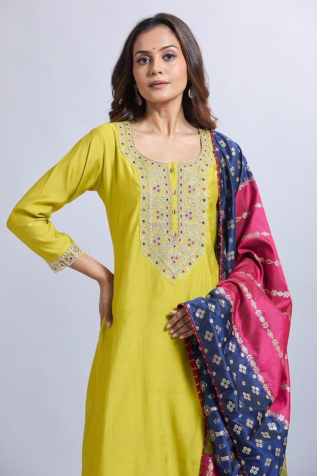 Yellow Embroidered Viscose Kurti Pant Set