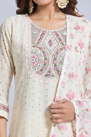 White Embroidered Chandheri Kurti Pant Set