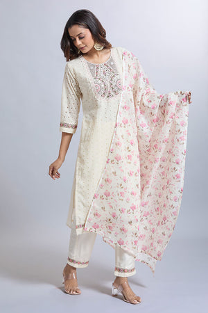 White Embroidered Chandheri Kurti Pant Set