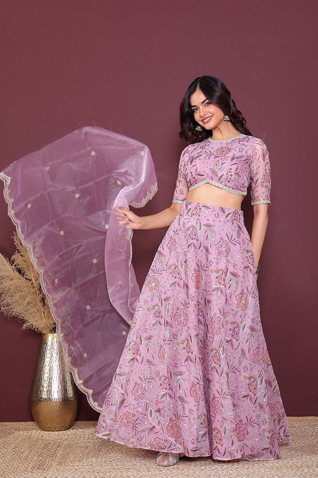 Pink Embroidered Organza Lehenga (2Organza)