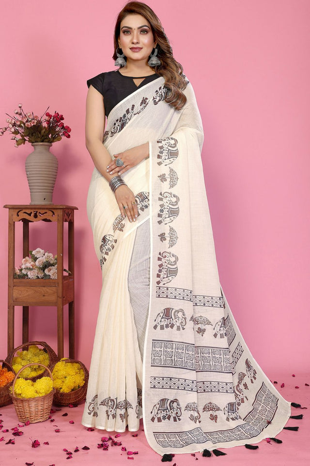 White Printed Cotton Saree (3-SOFTLILAN)