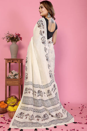 White Printed Cotton Saree (3-SOFTLILAN)