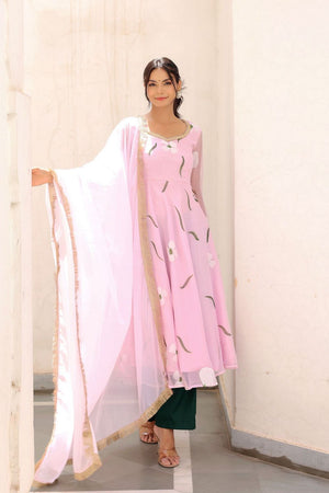 Pink Floral Printed Georgette Kurti Pant Set (30pinkhandpaint)