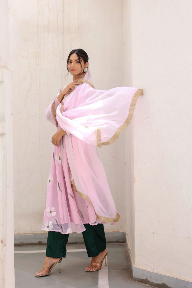 Pink Floral Printed Georgette Kurti Pant Set (30pinkhandpaint)