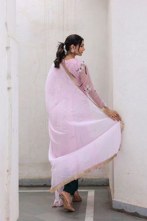 Pink Floral Printed Georgette Kurti Pant Set (30pinkhandpaint)