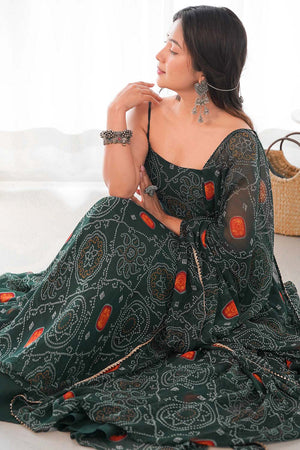 Bottle Green Chiffon Bandhani Sleeveless Anarkali Suit Set