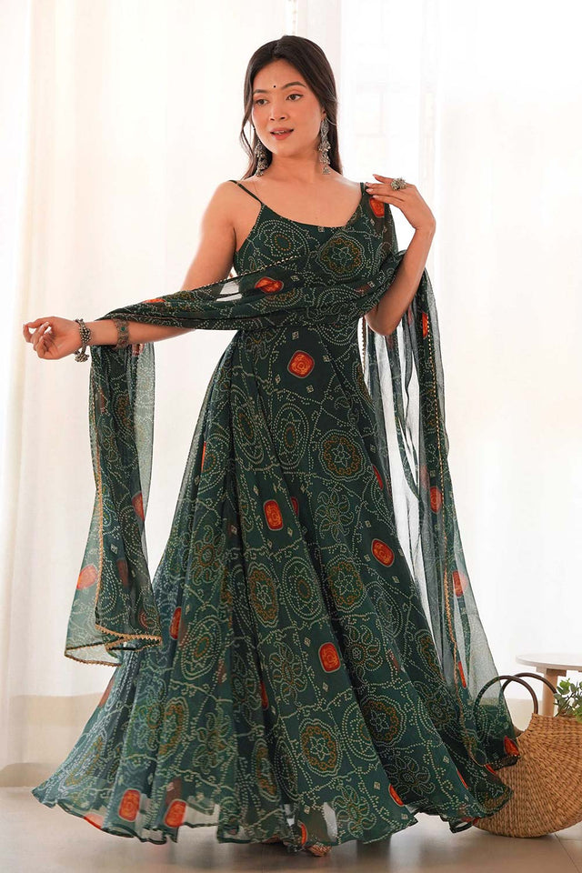 Bottle Green Chiffon Bandhani Sleeveless Anarkali Suit Set
