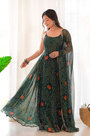Bottle Green Chiffon Bandhani Sleeveless Anarkali Suit Set