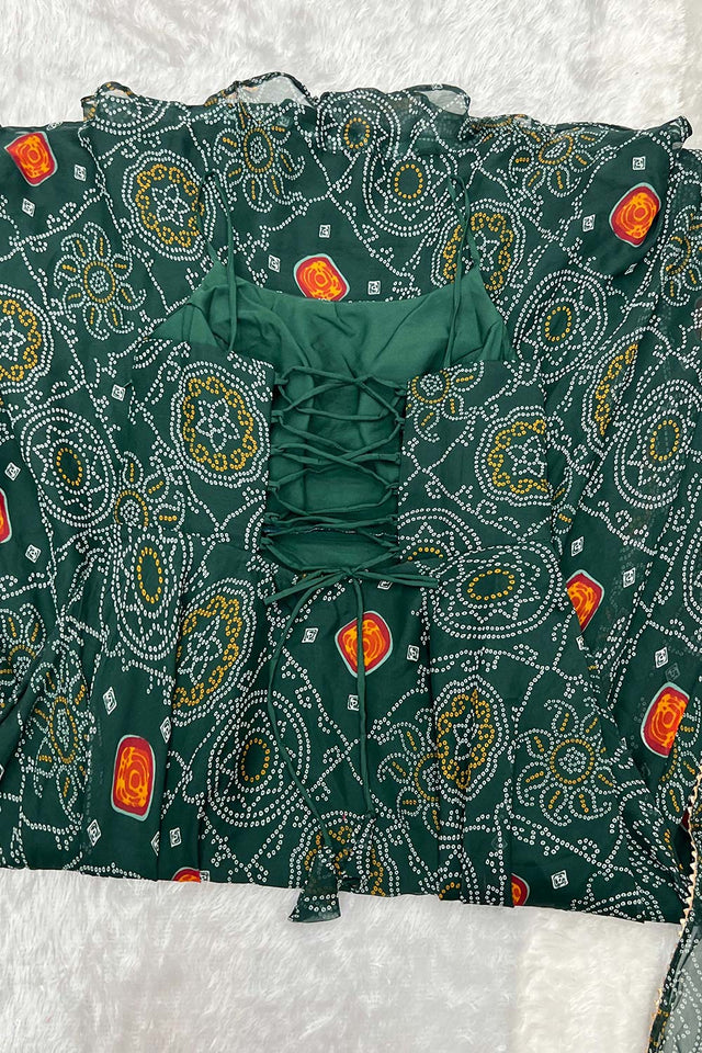 Bottle Green Chiffon Bandhani Sleeveless Anarkali Suit Set