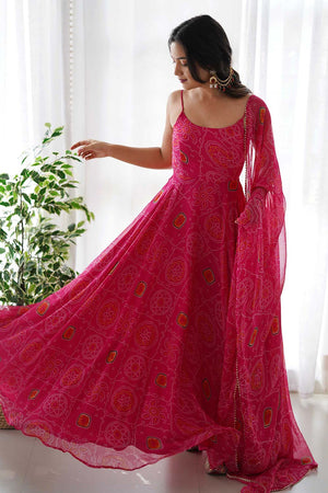 Pink Chiffon Bandhani Sleeveless Anarkali Suit Set