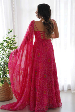 Pink Chiffon Bandhani Sleeveless Anarkali Suit Set