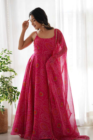 Pink Chiffon Bandhani Sleeveless Anarkali Suit Set