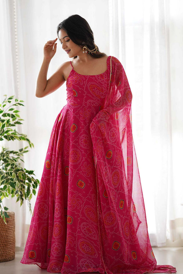 Pink Chiffon Bandhani Sleeveless Anarkali Suit Set