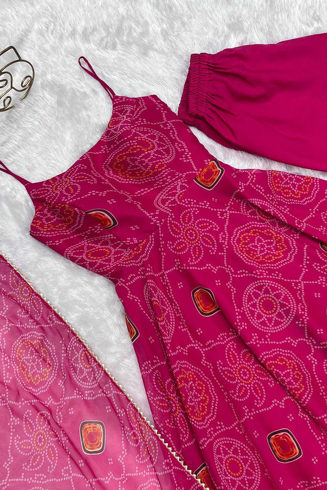 Pink Chiffon Bandhani Sleeveless Anarkali Suit Set