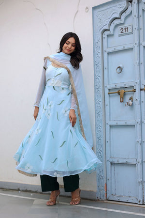 Blue Floral Printed Georgette Kurti Pant Set (31bluehandpaint)