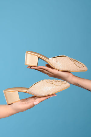 Beige Sequin Pu Leather Heels