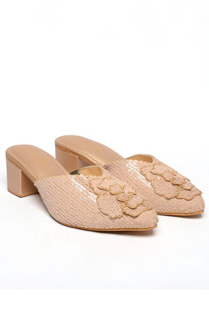 Beige Sequin Pu Leather Heels