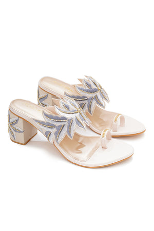 Cream Embroidered Pu Leather Heels