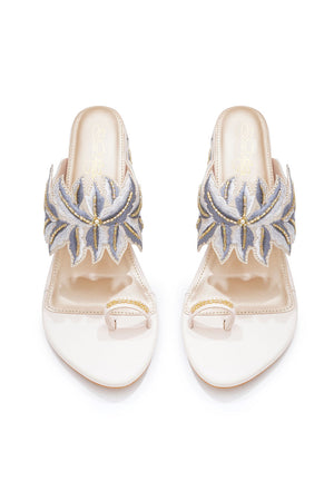 Cream Embroidered Pu Leather Heels