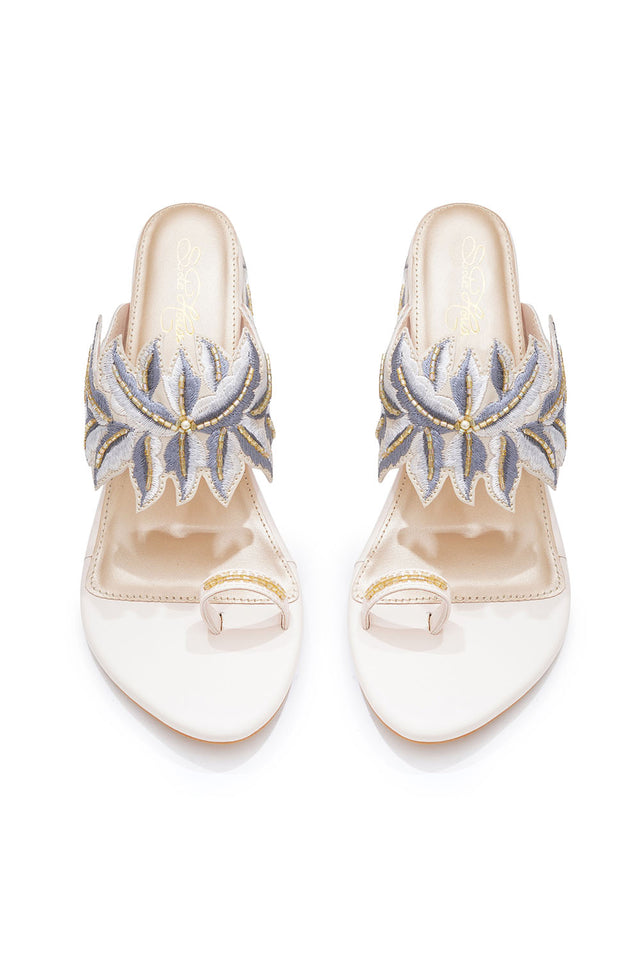 Cream Embroidered Pu Leather Heels