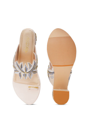 Cream Embroidered Pu Leather Heels