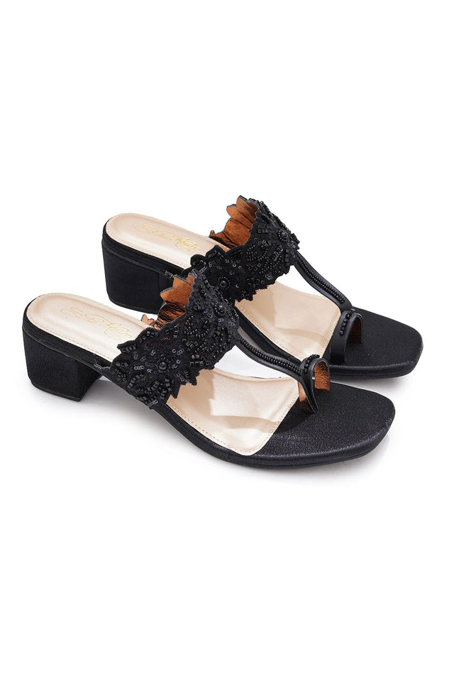 Black Embroidered Pu Leather Heels