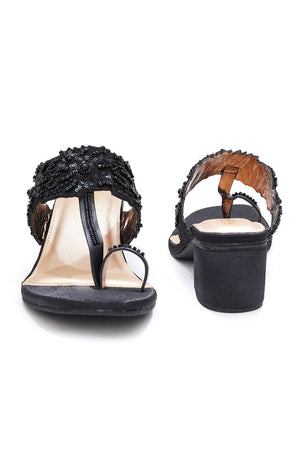 Black Embroidered Pu Leather Heels