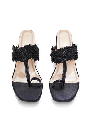 Black Embroidered Pu Leather Heels